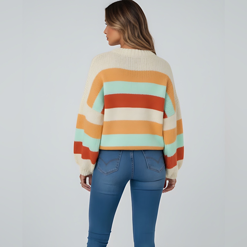 Chic Color Block Crew Neck Long Sleeve Knitted Sweater - Picture 3 of 5